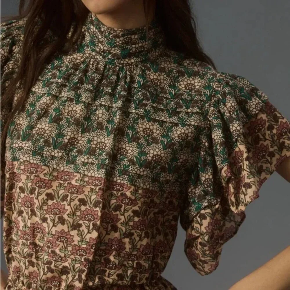 014 Anthropologie Let Me Be High Neck Printed Peasant Blouse NWOT Size XXS - Picture 5 of 14